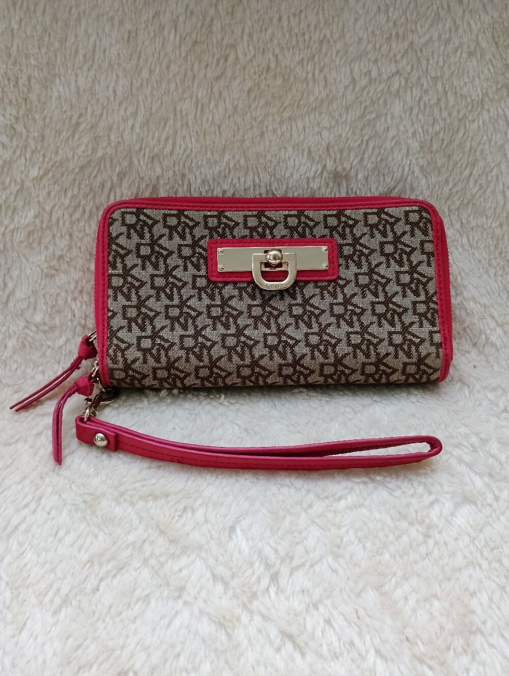 DKNY Signature Monogram Zip-Around Wristlet Wallet - Red Trim